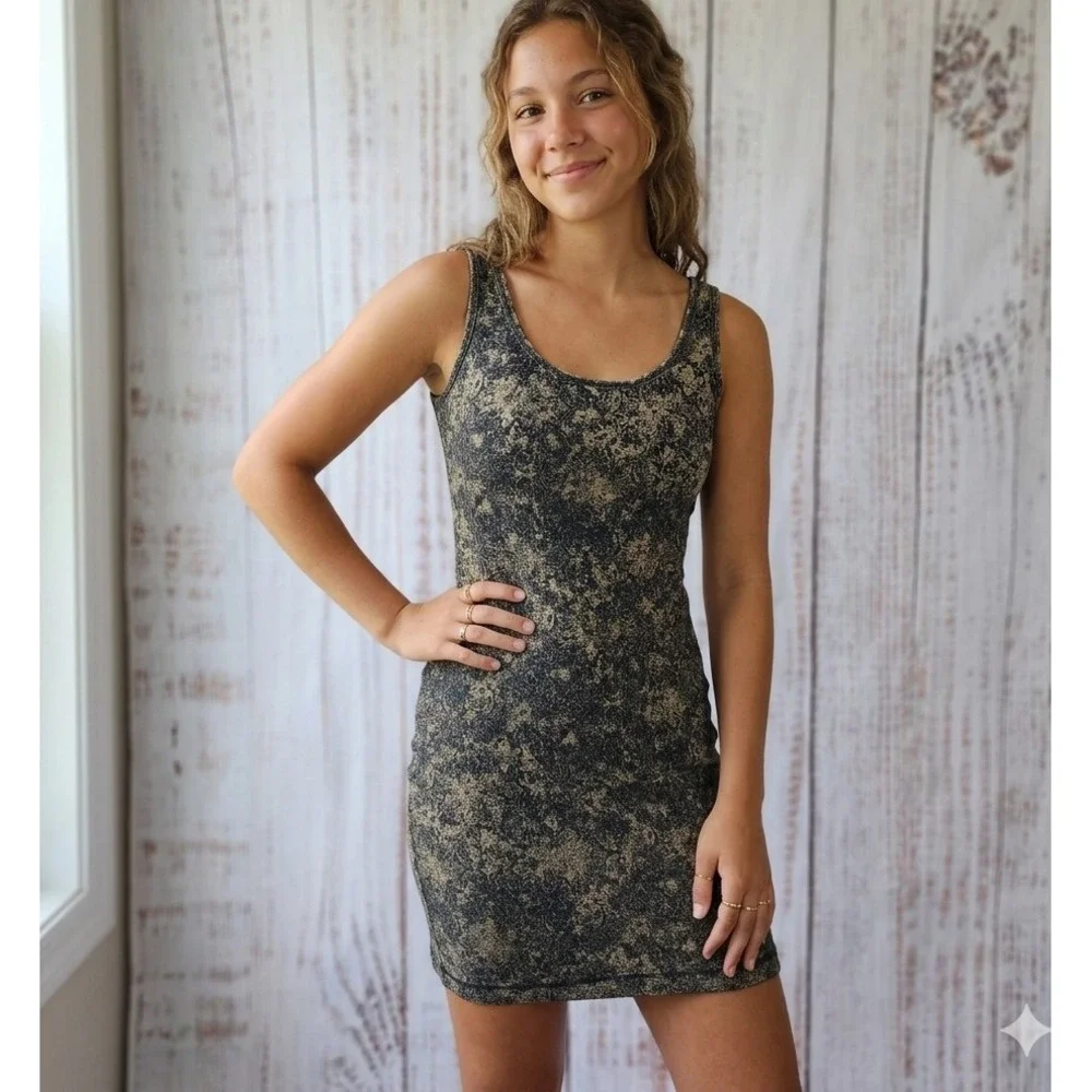 Peruvian Connection XS Black Damask Pima Cotton Jersey Tank‎ Mini Dress Bodycon